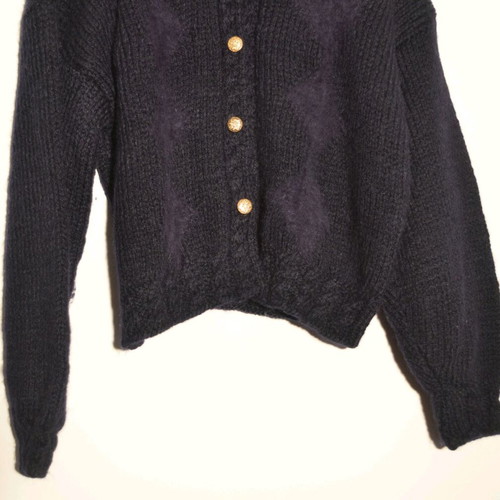 Blue wool cardigan like new with rhombus pattern and gold buttons