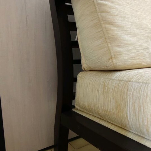 Wedge armchair used, oak with yellow fabric upholstery
