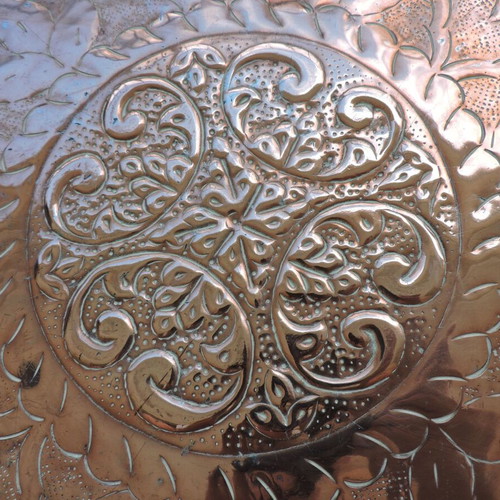 Copper tray used, vintage with designs, 45 cm diameter
