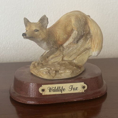 Vintage Wildlife Fox Figurine on Wooden Base like new