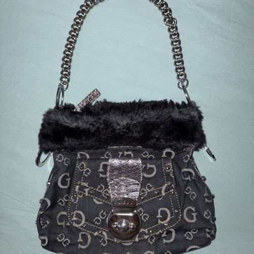 Guess Y2K denim monogram shoulder bag used with fur trim