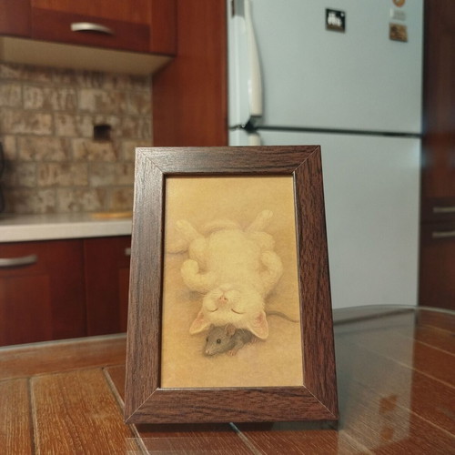 Cat and Mouse Vintage Framed Art Print 10x15 cm new