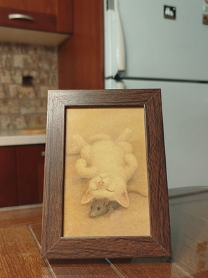 Cat and Mouse Vintage Framed Art Print 10x15 cm new