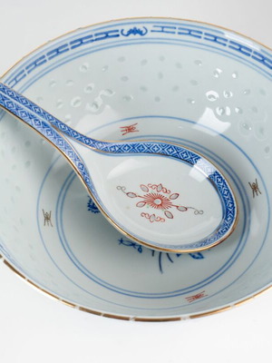 Large Chinese Porcelain Soup Bowl with Matching Spoon used