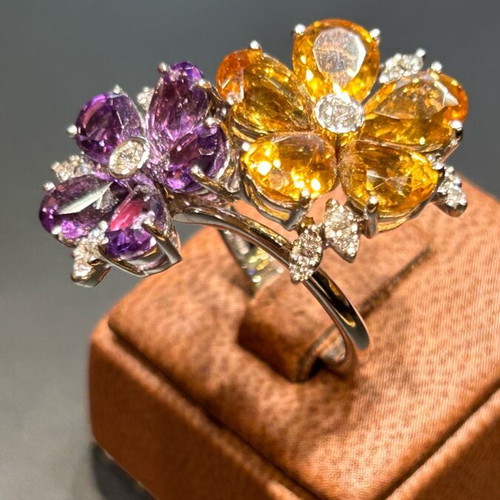 White gold k18 ring with brilliant, amethysts and citrine new