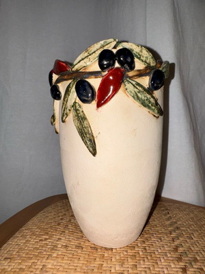 Handmade ceramic vase 23cm used with embossed olive branch design