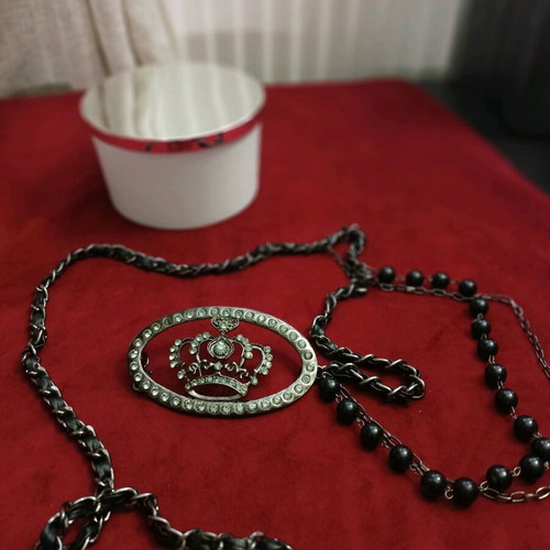 Denny Rose belt used with rhinestone crown and adjustable chain with pearls