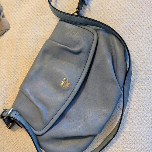 MCM shoulder bag used, leather, turquoise, 35x23 cm