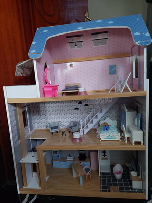 Wooden Dollhouse 3 Floors with Full Furniture Set used