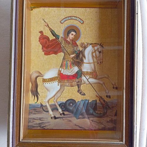 Saint George icon used in wooden frame with glass 50×37