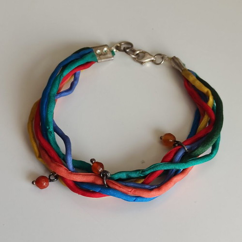 Handmade 925 bracelet with silk ribbons like new, multicolor