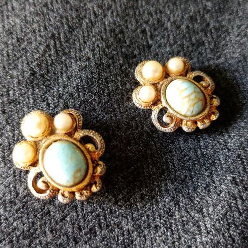 Gold-plated earrings used 1930s Czechoslovakia with glass cabochons