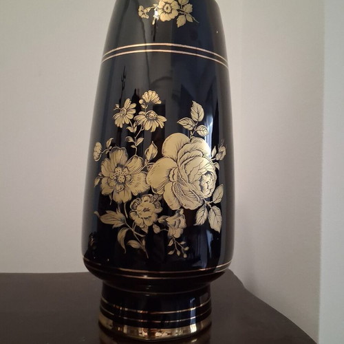 Ceramic set used, Greek made, black with 24k gold, 2 ashtrays and 2 vases
