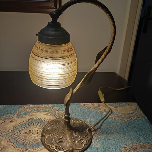 Vintage Art Nouveau table lamp brass with heavy blown glass like new