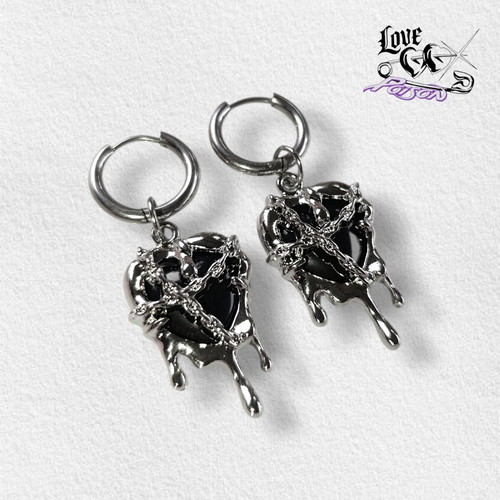 Love X Poison Handmade Stainless Steel Silver Hoop Earrings with Black Ornate Heart