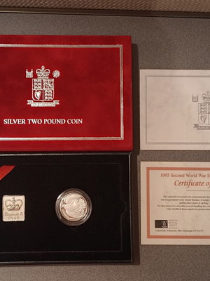 Ασημένιο Proof Σετ Δύο Λίρες 1995, Royal Mint, 50 Χρόνια από Β' Παγκόσμιο Πόλεμο