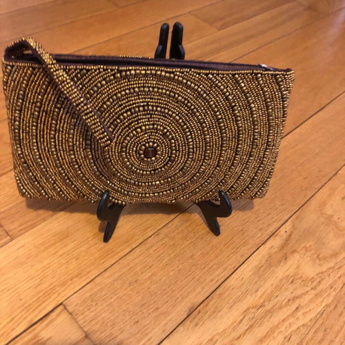 A To Z Greek Handbag Gold with Embroidered Birds Like New