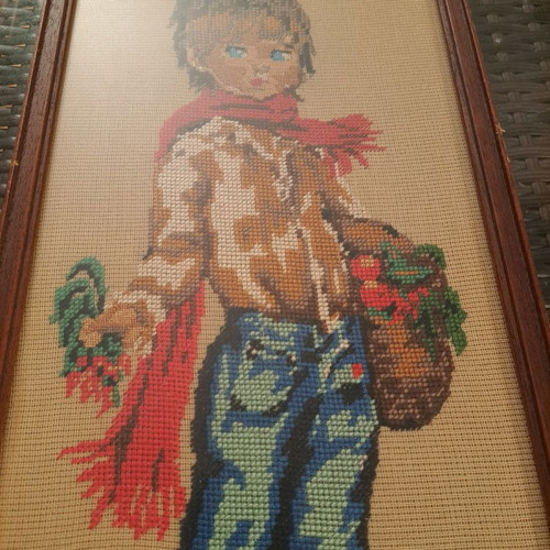 Embroidered painting Boy in the countryside used