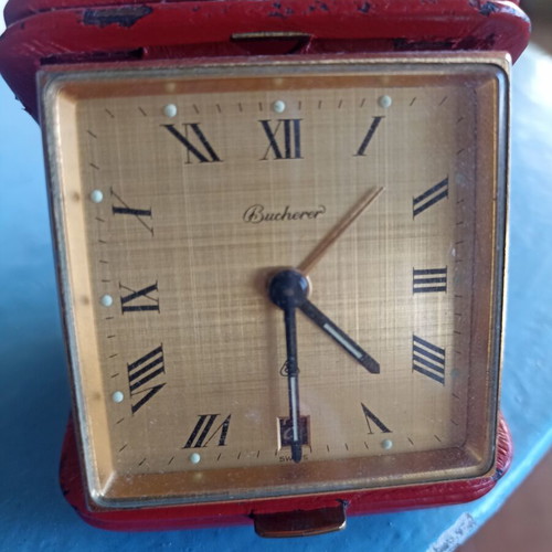 Bucherer Alarm Clock Used With Date And Gold Dial In Red Leather Case