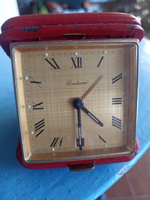 Bucherer Alarm Clock Used With Date And Gold Dial In Red Leather Case