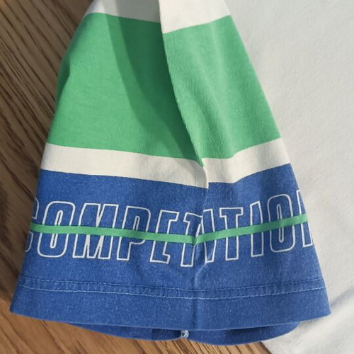 Vintage Asics 90s graphic t-shirt, white with green and blue sleeves