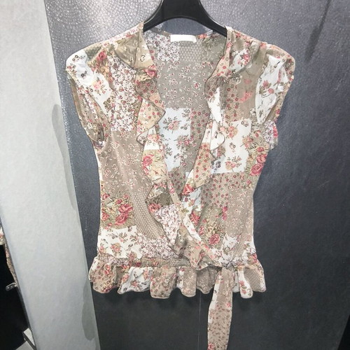 Promod semi-transparent blouse with flowers like new, beige multicolor