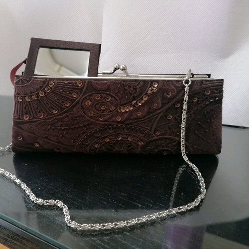Satin evening bag with sequins and steel chain like new
