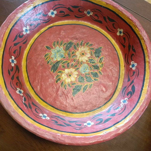 Vintage round papier-mâché table bowls hand-painted, used, set of 6