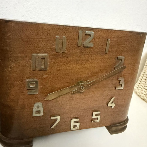 Vintage wooden mechanical table clock used, Art Deco design