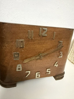 Vintage wooden mechanical table clock used, Art Deco design