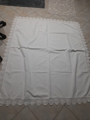 Handmade woven tablecloth with lace, like new, white 133x160 cm