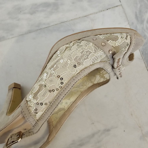 Tulipano women's peep-toe sandals used, size 38, beige with lace and sequins
