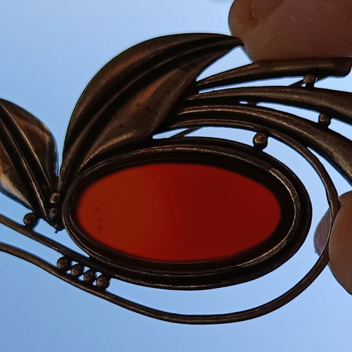 Vintage Art Nouveau Brooch Silver 925 with Carnelian Stone like new