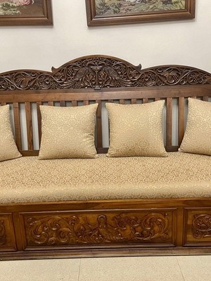 Solid Walnut Sofa Hand-Carved Like New with Storage Space