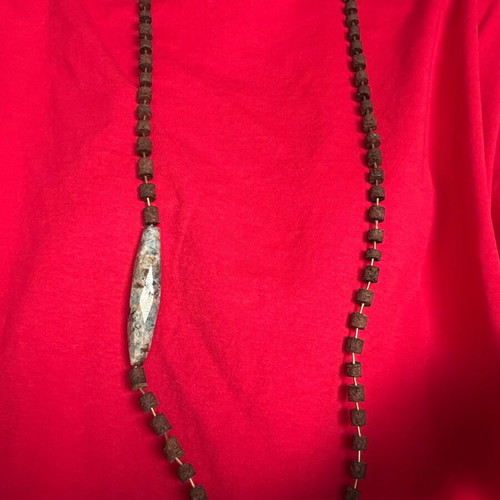 Women's long necklace with lava beads and gold stone like new
