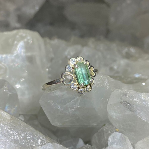 Silver ring with natural green tourmaline and moissanite, new