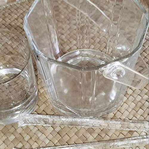 Sasaki glass ice container and 3 used whiskey glasses