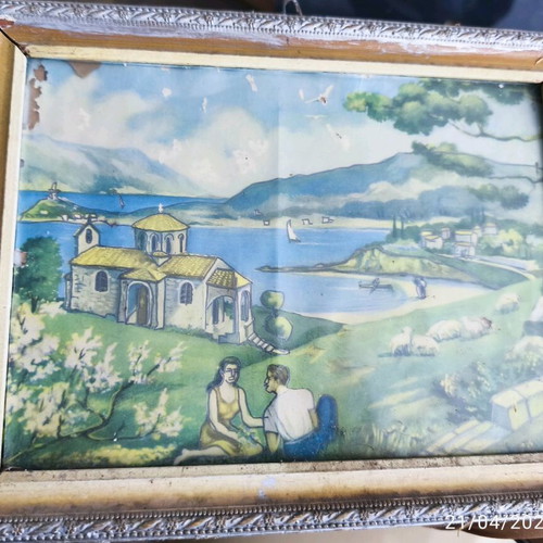 Vintage painting with Greek landscape used in old frame