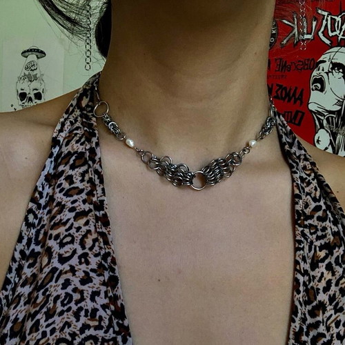 Chainmail necklace punk rock gothic alternative, new, silver and white