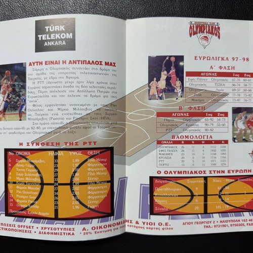 Euroleague 1998 match ticket and program used, Olympiakos vs PTT Ankara