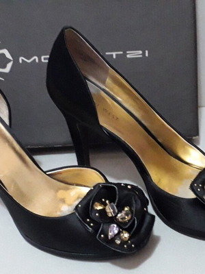 Peep Toe satin black Nine West pumps used, size 39, 10 cm heel
