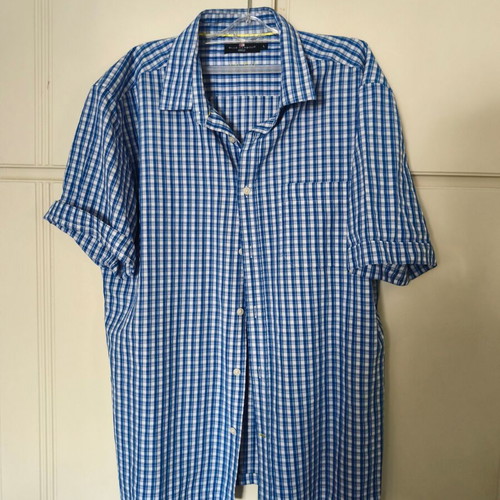 Men's shirt like new, white and blue, cotton fabric