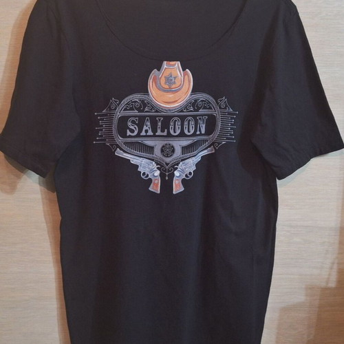 Western Saloon Cowboy T Shirt scoop wide neck size L new elastic
