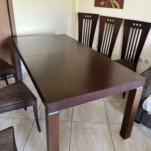 Extendable dining table with 6 chairs, dark brown