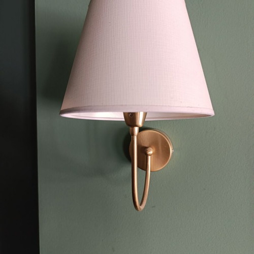 Wall lights, metal gold frame with white fabric shade, set of 2