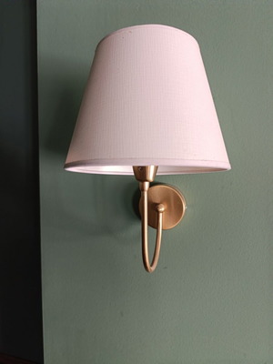 Wall lights, metal gold frame with white fabric shade, set of 2