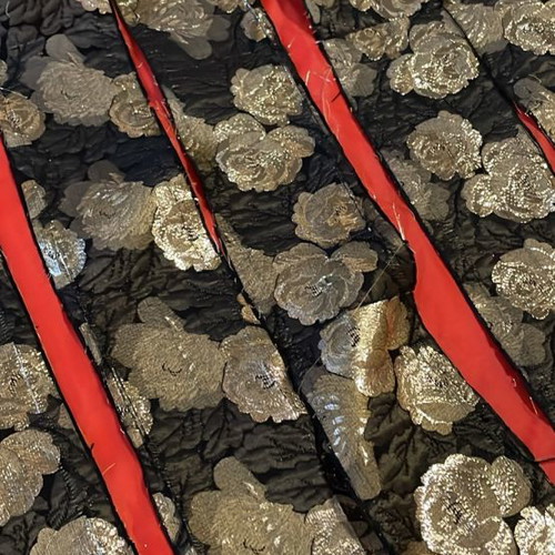 Gold-embroidered brocade trim black satin with gold roses new vintage