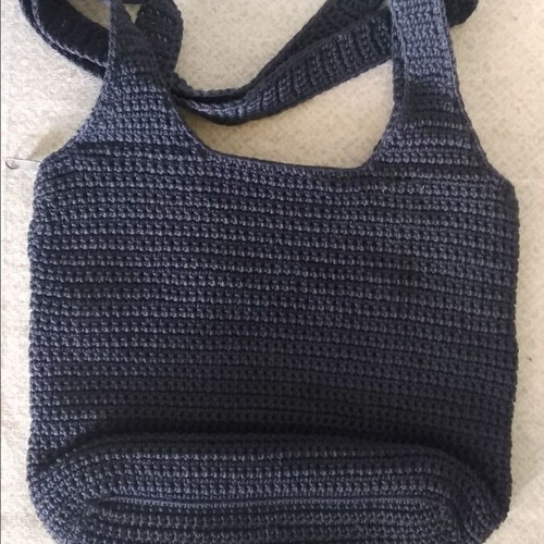 Knitted shoulder bag used, dark blue with leather