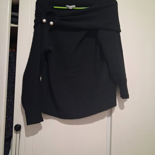 Bisou Black Knitted Sweater with Off-Shoulder Pearls Like New