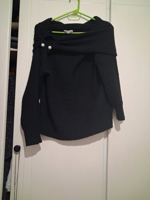 Bisou Black Knitted Sweater with Off-Shoulder Pearls Like New